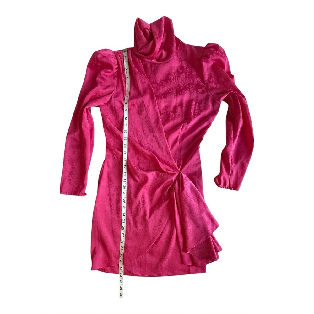 🌷Ronny Kobo Hot Pink Floral Jacquard Draped Mini Dress Turtleneck Long Sleeve M - Picture 12 of 13